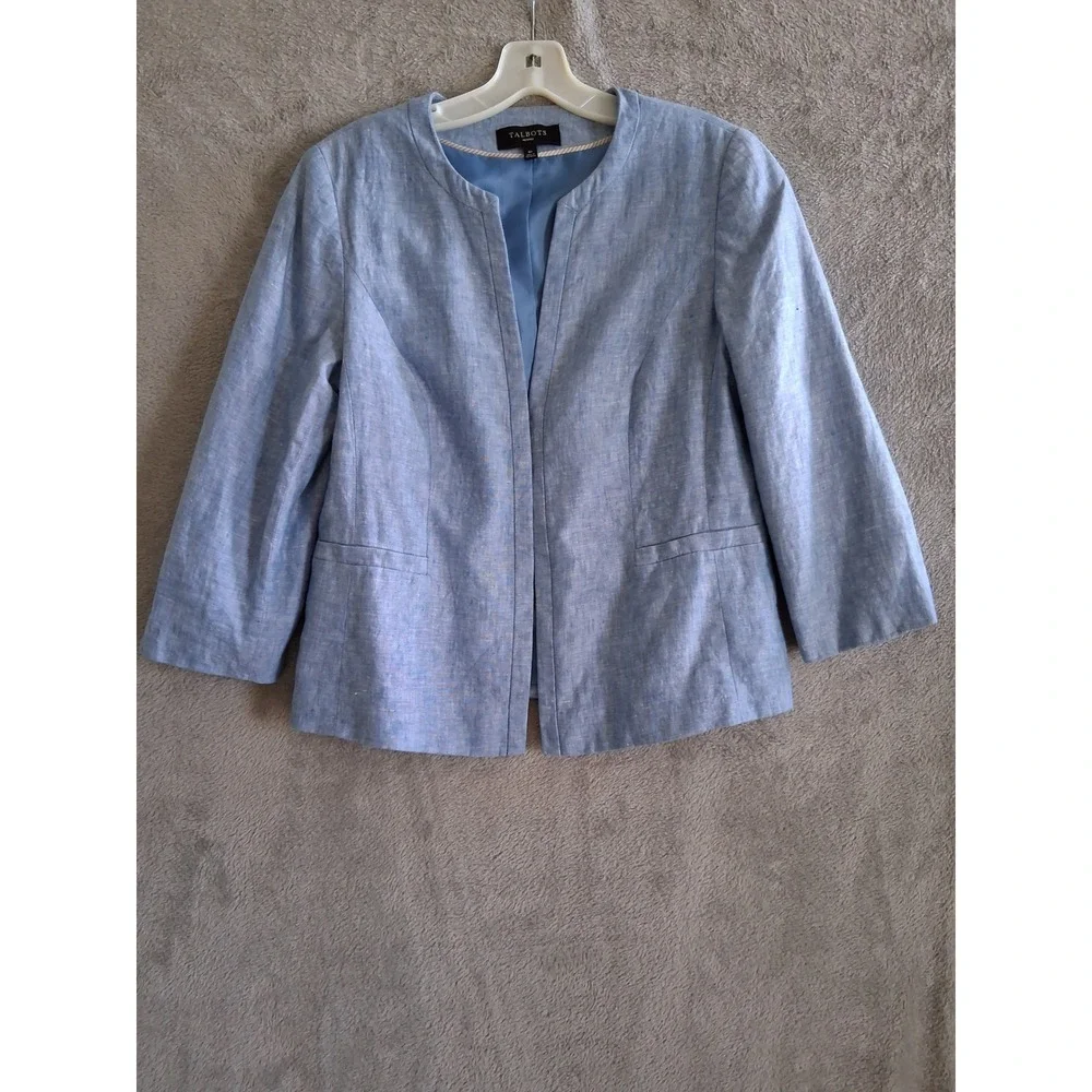 Talbots Linen Blazer 8P Blue Open Front 3/4 Sleeve Coastal Preppy Quiet Luxury